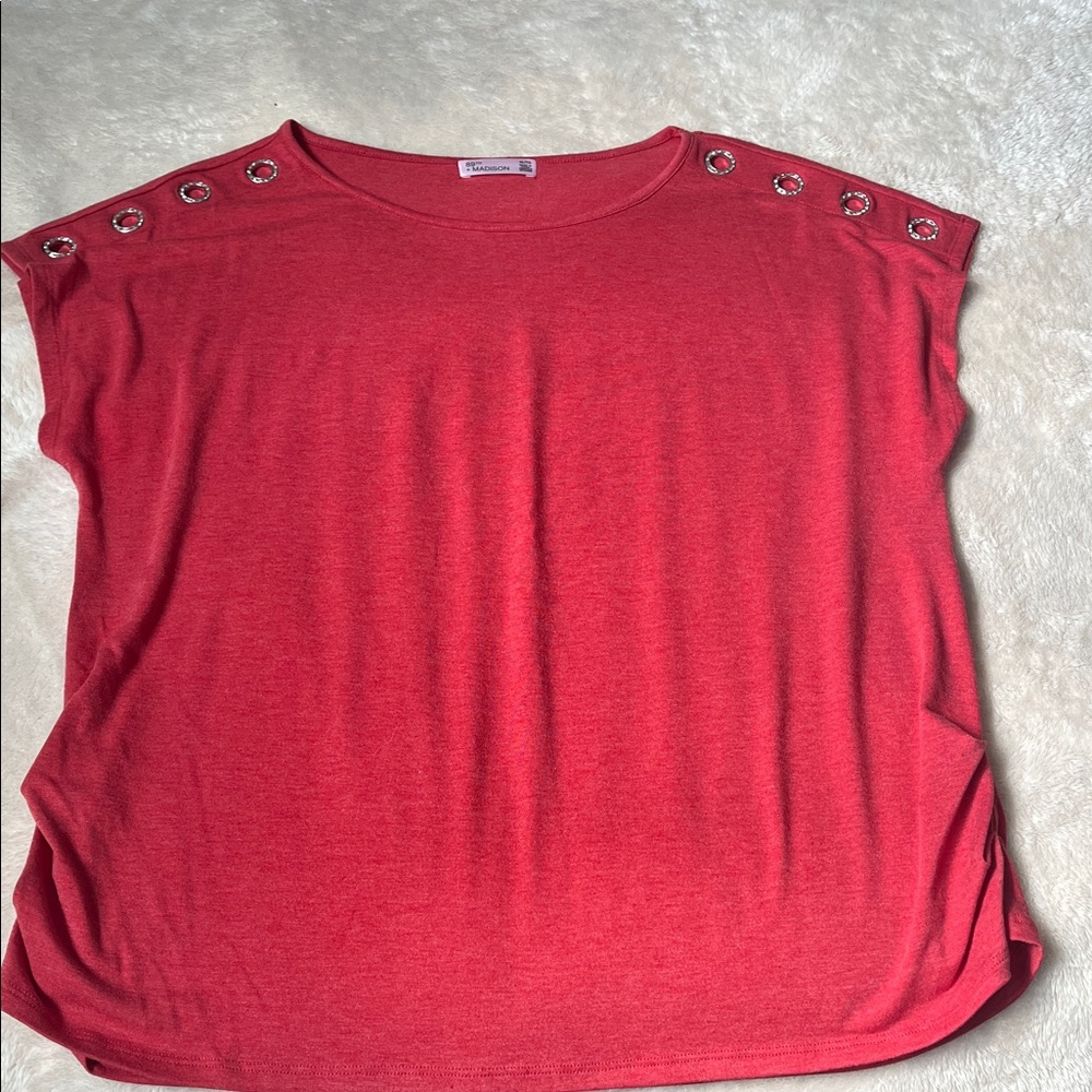 Madison Red Muscle Tee with Button Accents